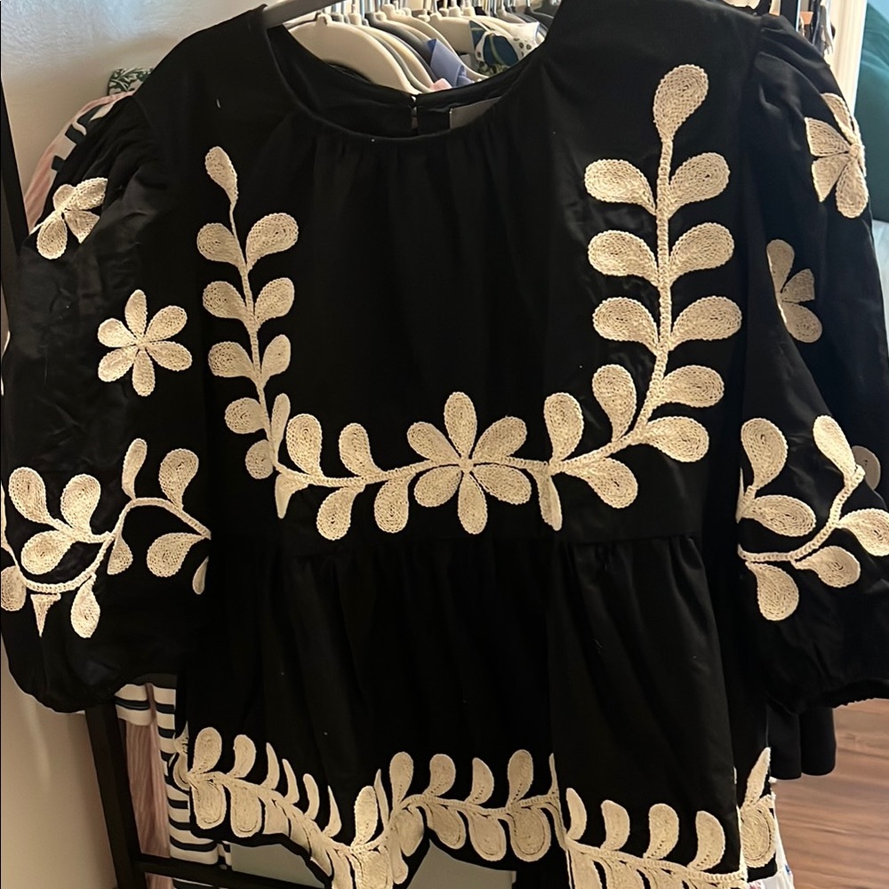 Black Blouse with White Floral Embroidery
